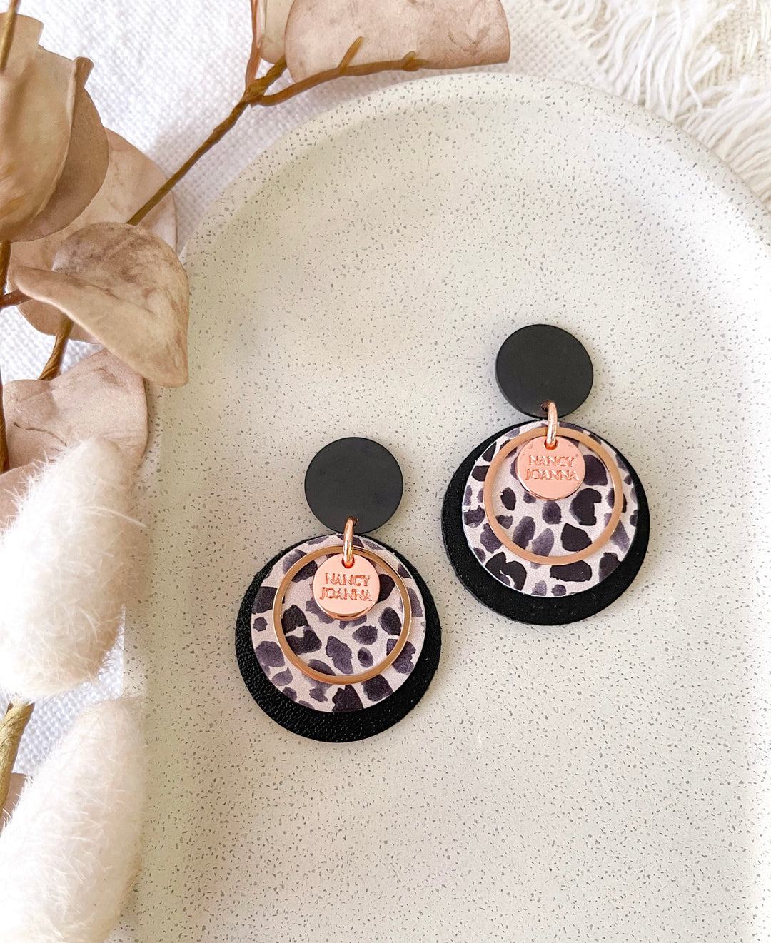 Double Round Soft Grey Leopard Drop Nancy Joanna