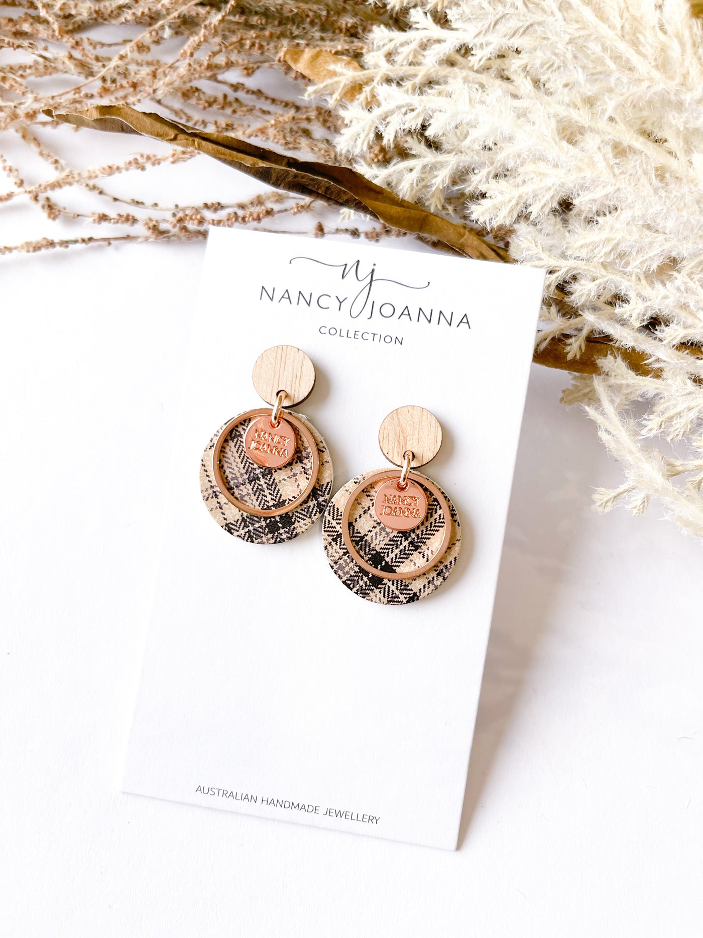 Mini Round Natural Tan Plaid Drops Nancy Joanna