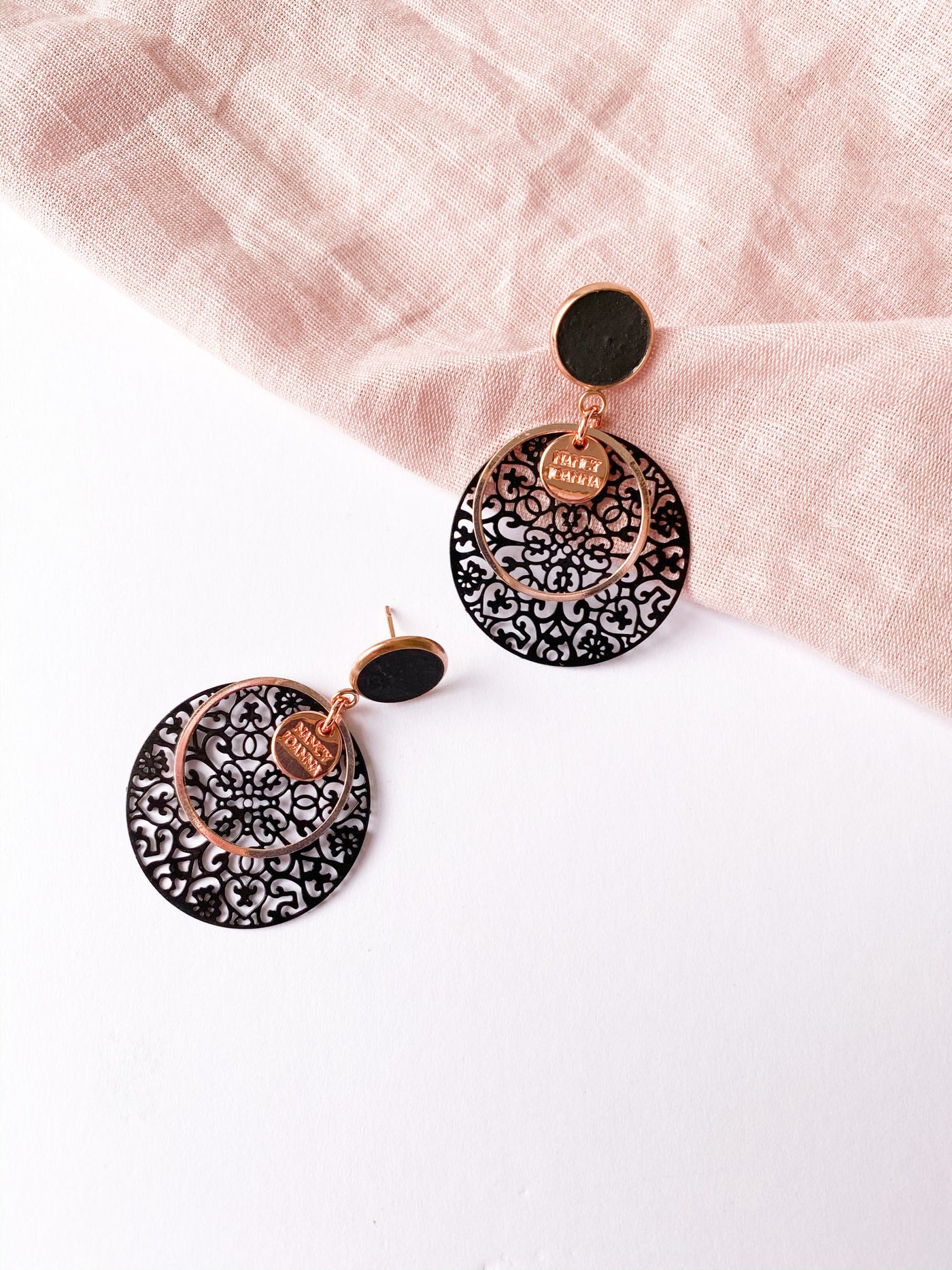 Black Concrete with Round Black Lace Earrings Nancy Joanna