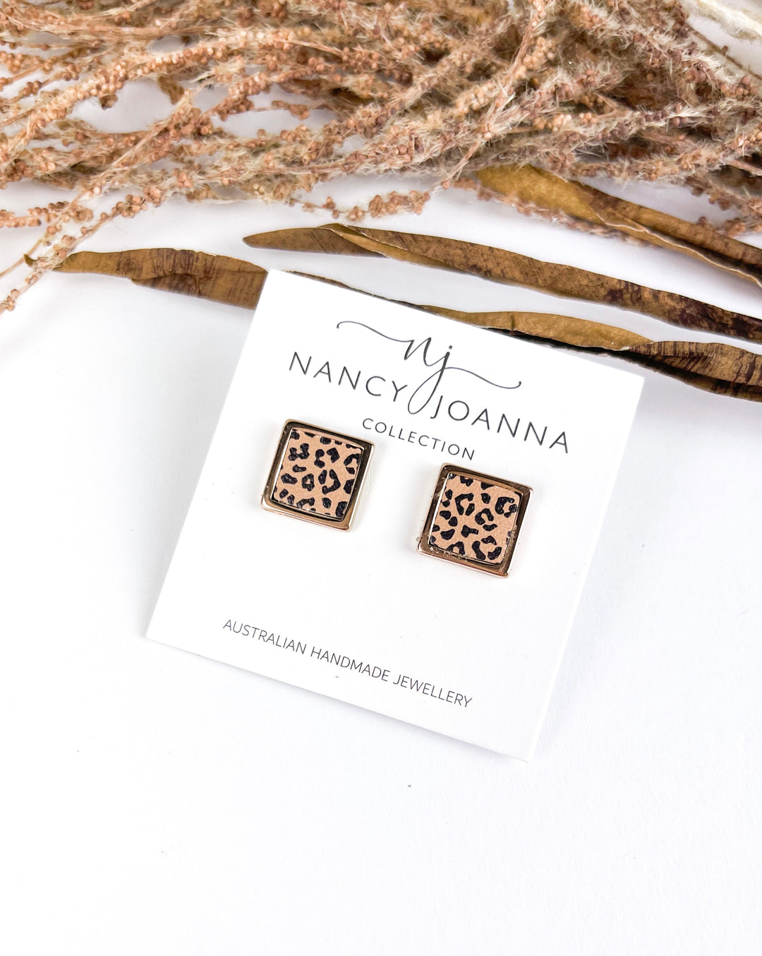 Chocolate Cheetah Square Bezel Studs Nancy Joanna
