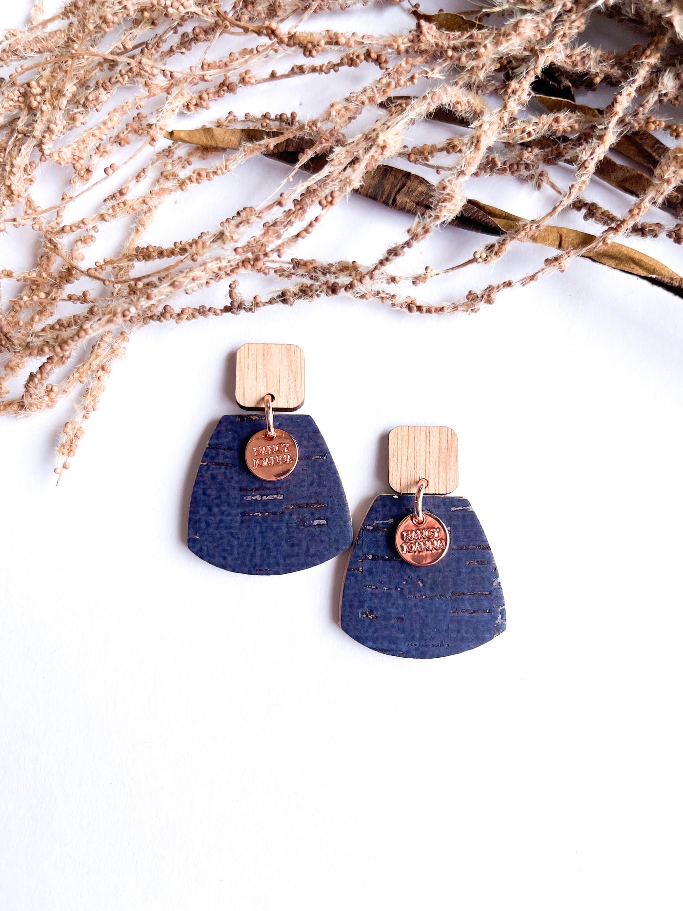 Wooden Top and Navy Cork Half Drops Nancy Joanna